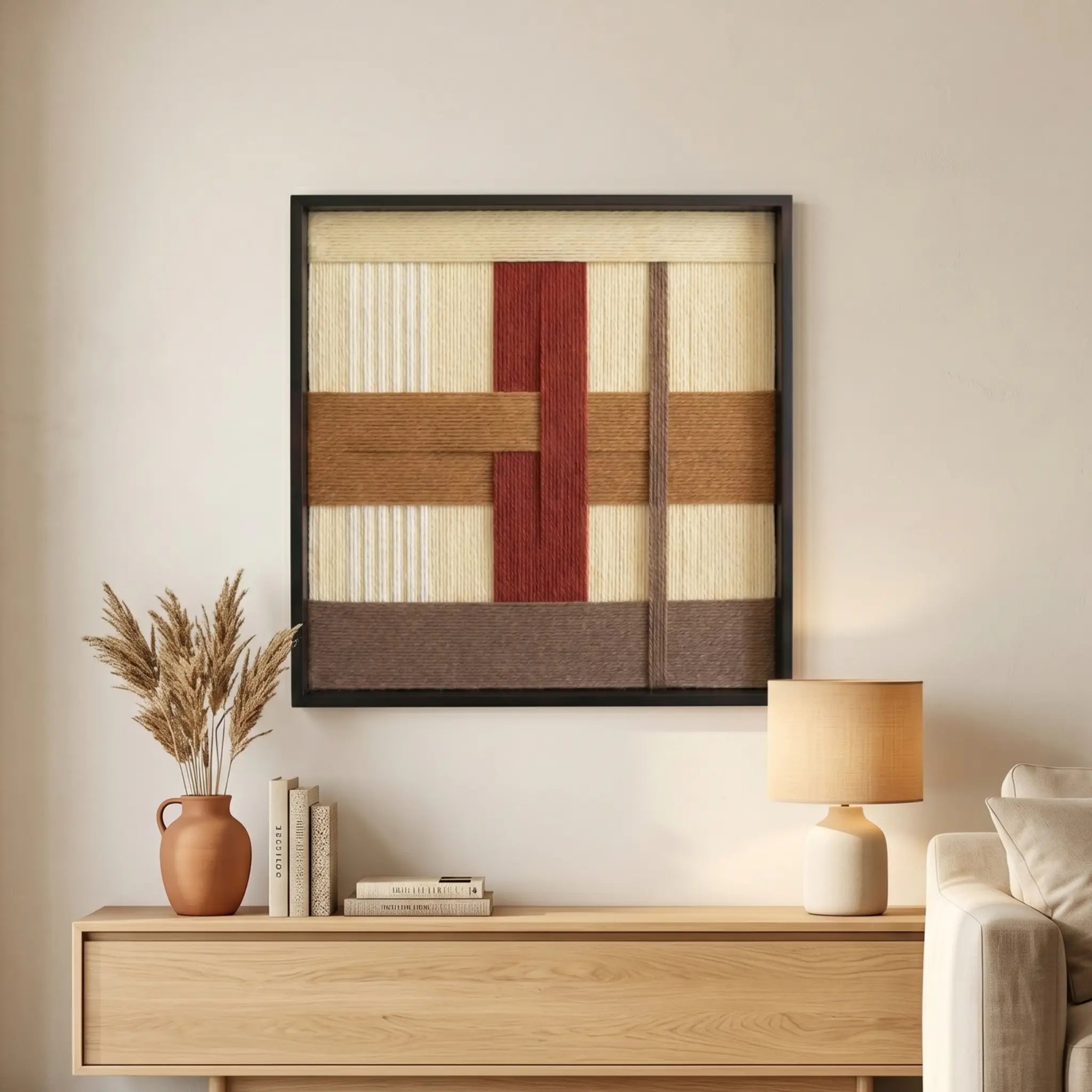 Framed fiber wall art creating a warm atmosphere in a lounge area, styled above a light wood console table with a soft table lamp.