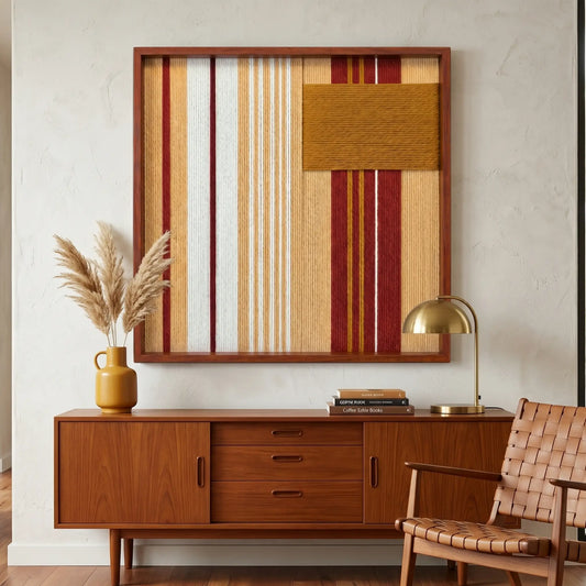 Earth-toned Carmine Pulse framed wall art styled above a warm mid-century wooden sideboard adorned with dried pampas grass in a serene living space.