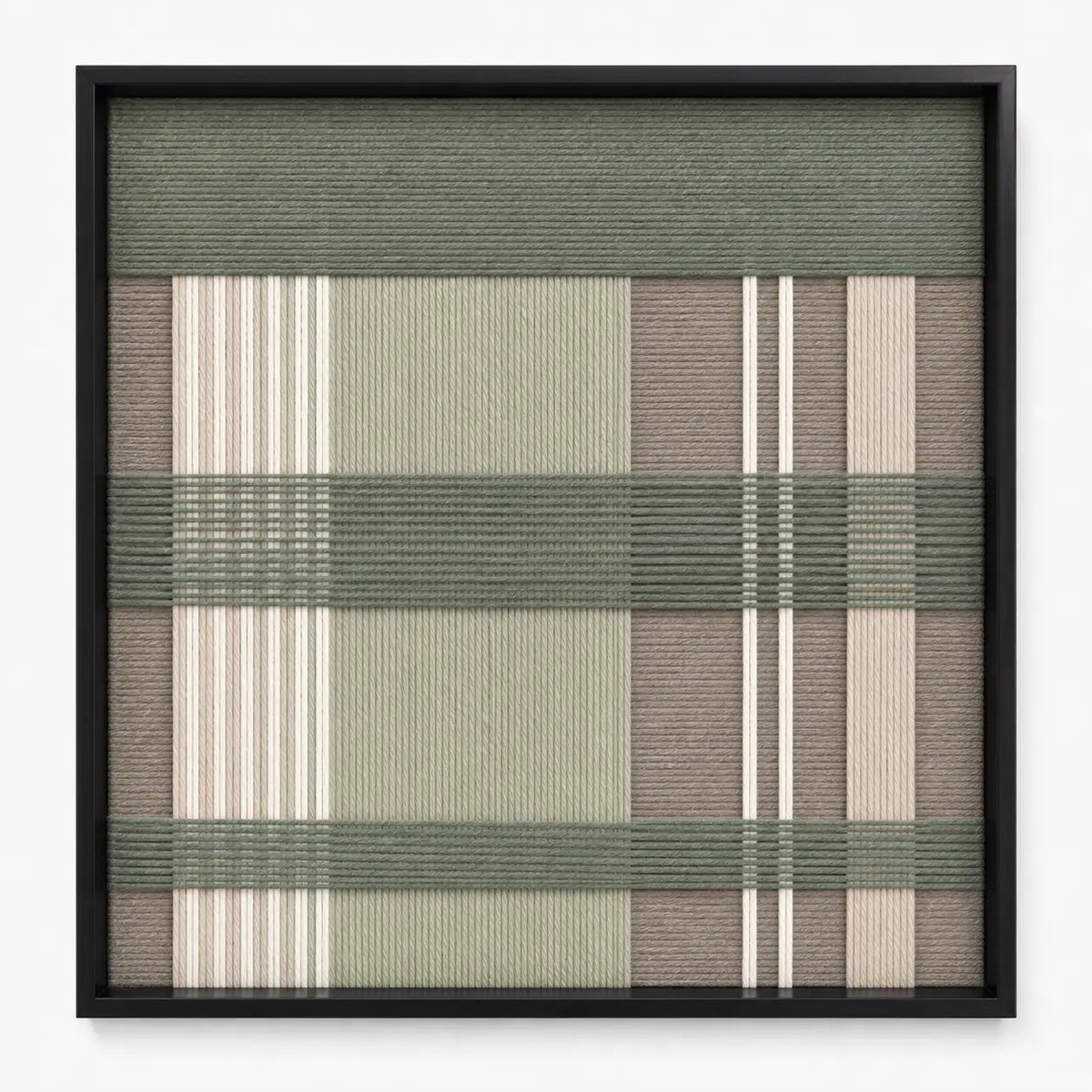 Frontal studio shot of the Celadon Mist square hand-woven textile wall art featuring sage green, beige, and cream geometric plaid patterns in a black frame.