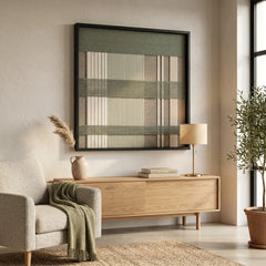 Large square Celadon Mist hand-woven wall art hanging elegantly above a light wood credenza next to a cozy beige armchair in a sunlit room.