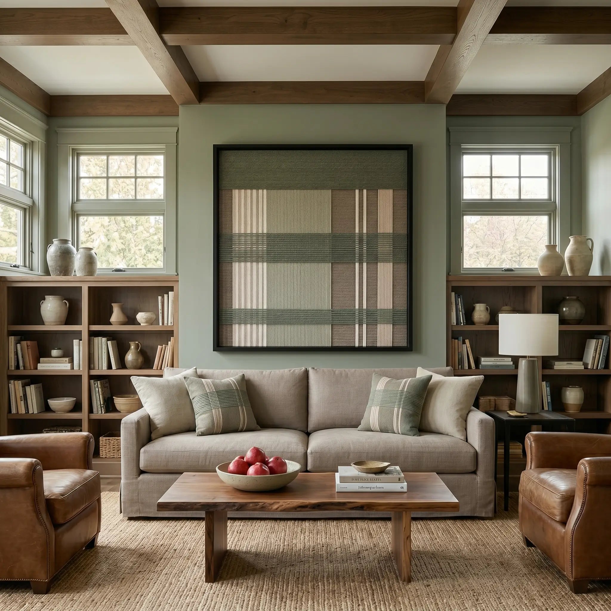 Striking square hand-woven wool tapestry positioned perfectly above a beige sofa in a cozy living room library surrounded by wooden bookshelves and leather armchairs.