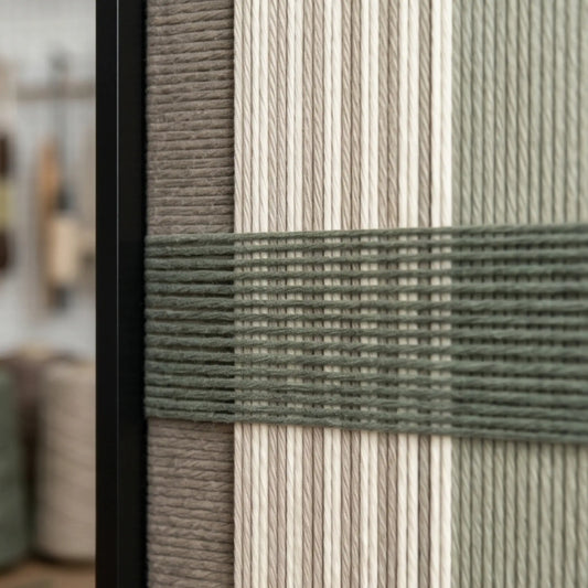Detailed macro close-up of the Celadon Mist hand-woven textile art highlighting the textured sage green horizontal yarn crossing over cream and grey vertical stripes.