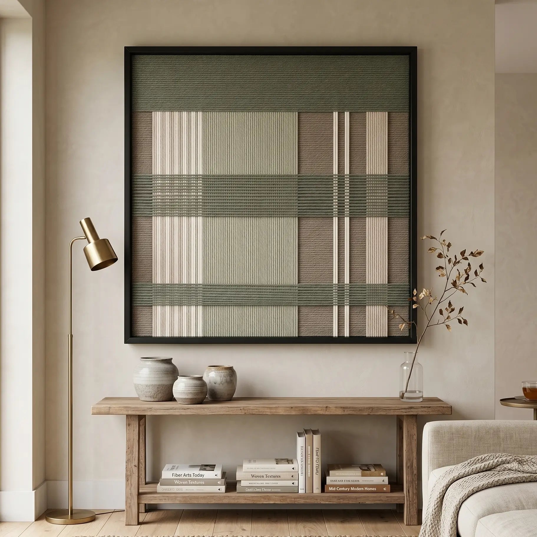 Framed Celadon Mist textile wall art displayed in a warm, neutral hallway, hanging above a rustic wooden console table.