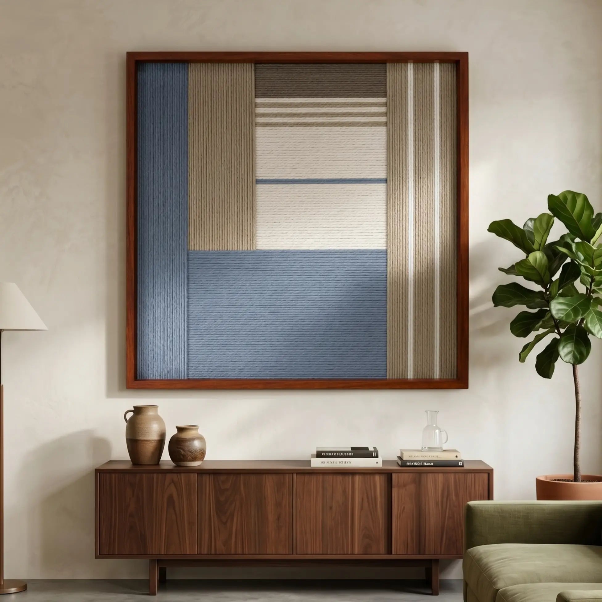 Framed Cerulean Mist textile wall art displayed in a bright living room, hanging above a dark wooden sideboard adorned with ceramic vases.