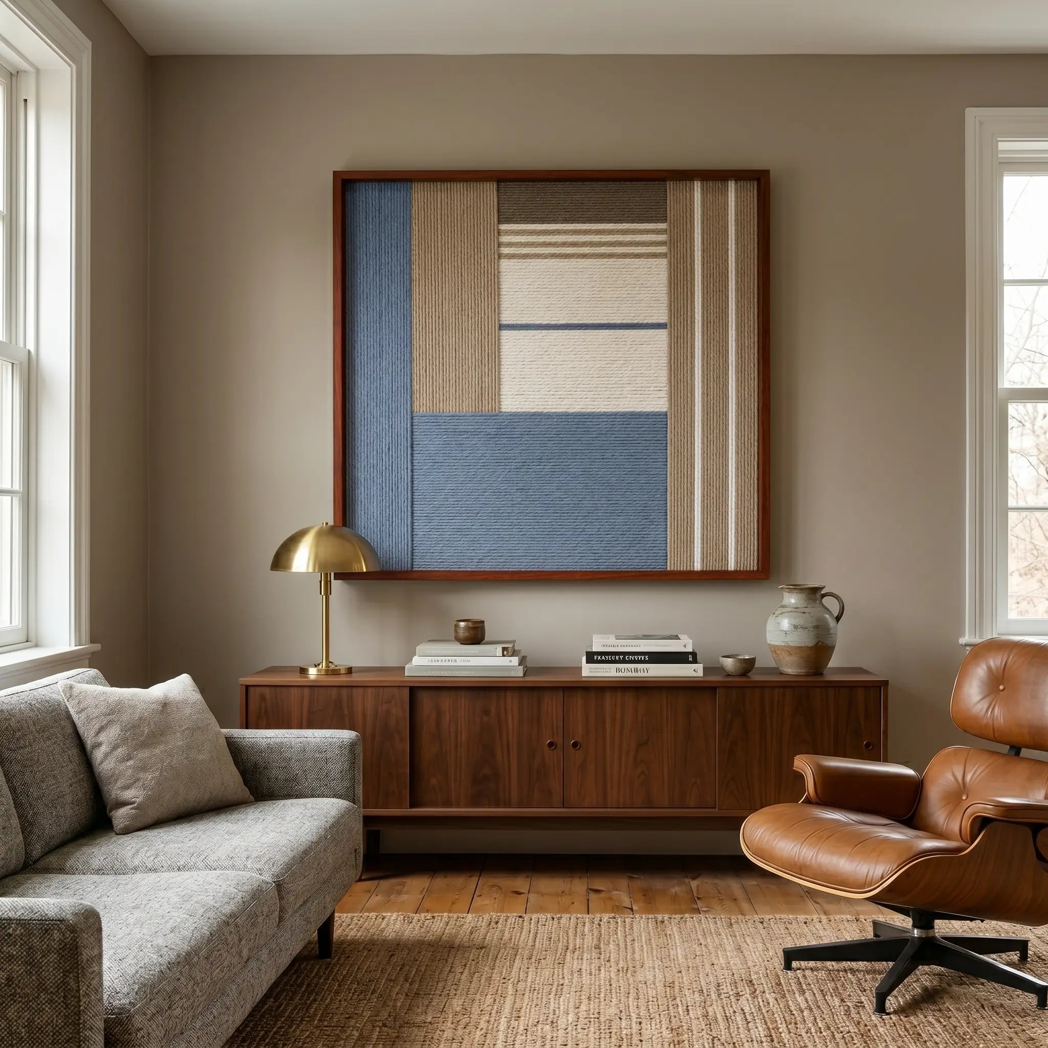 The Cerulean Mist hand-woven wool tapestry provides a striking focal point over a wooden console behind a grey sofa and a classic brown leather lounge chair.