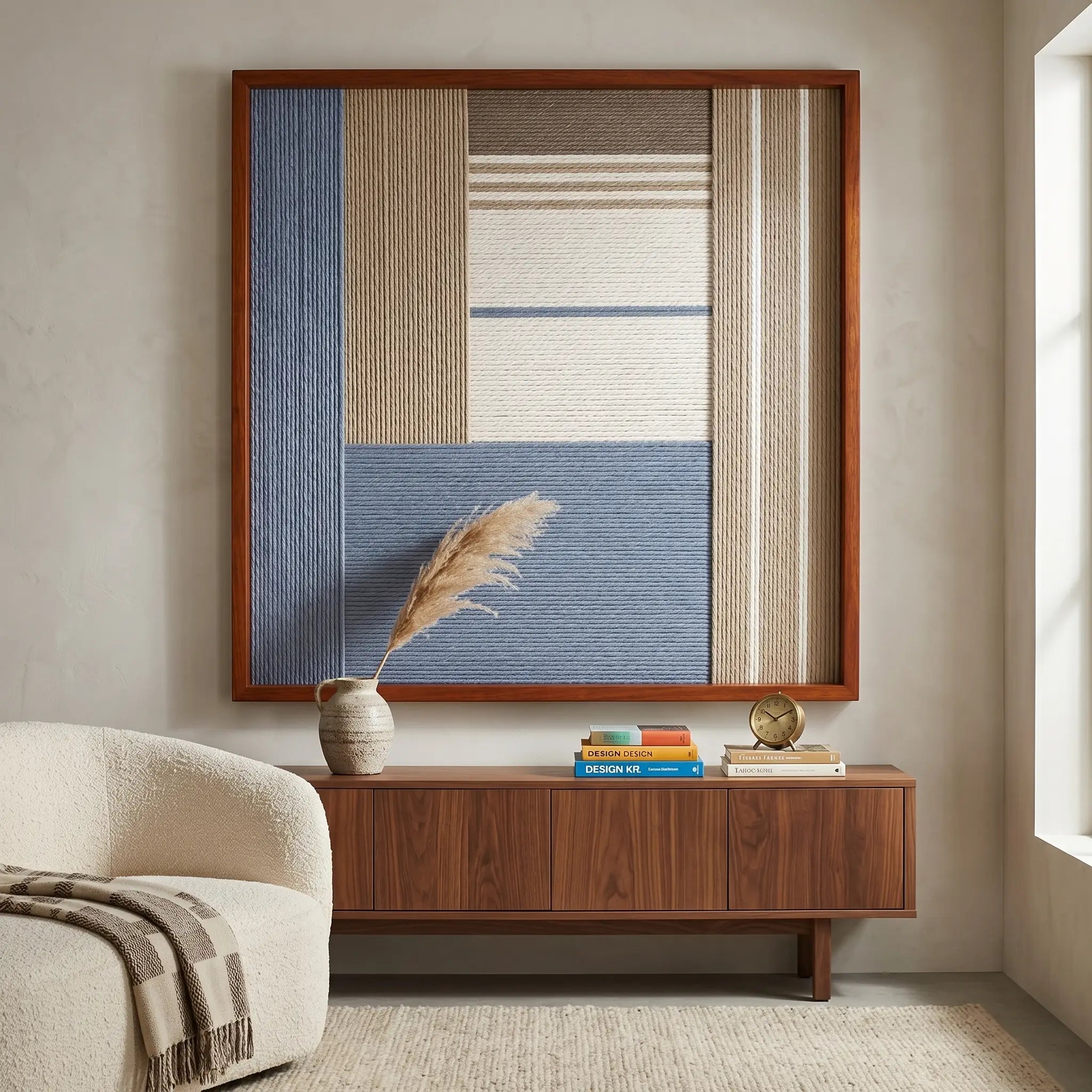 Large square Cerulean Mist hand-woven wall art hanging elegantly above a mid-century wooden credenza next to a cozy white armchair.