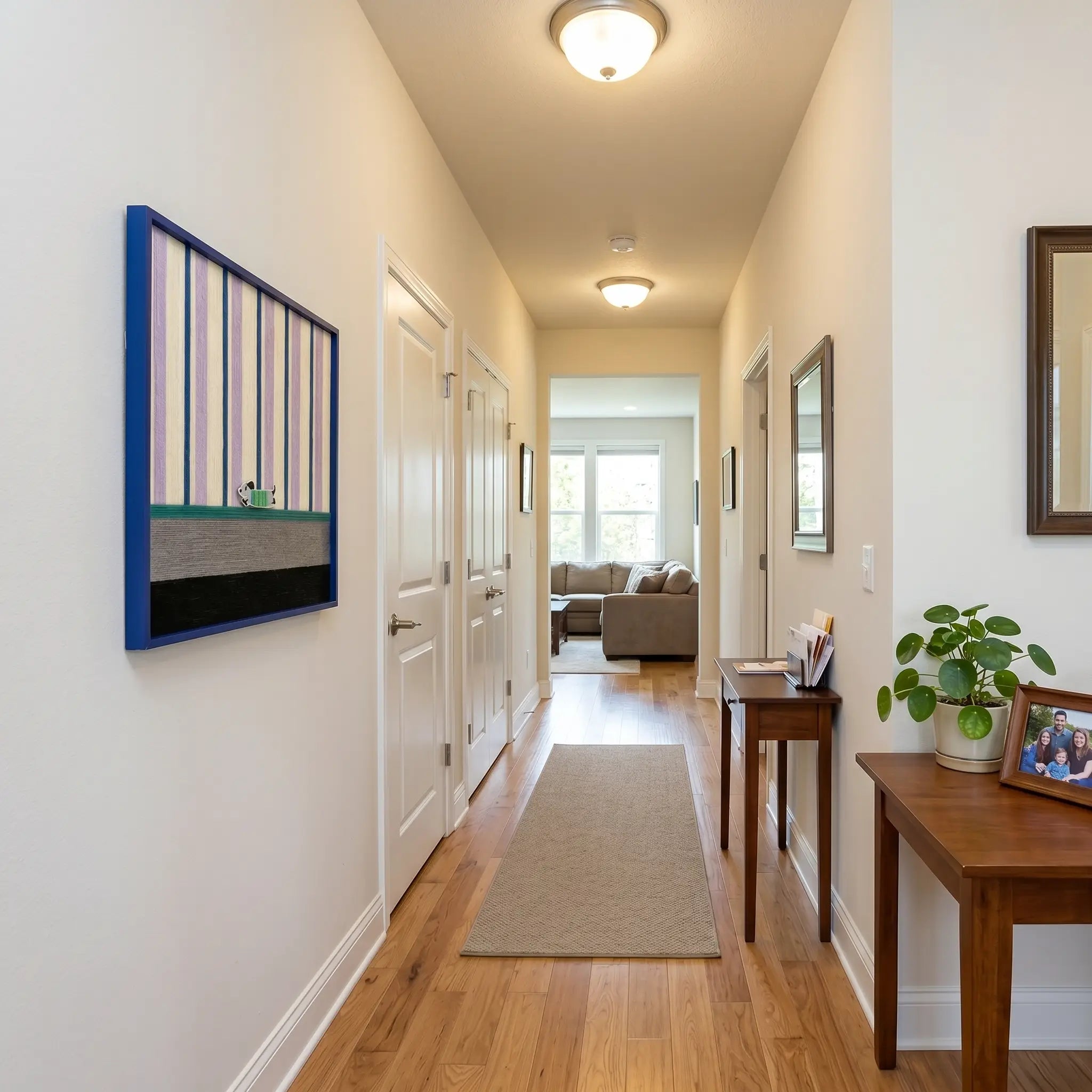 Angled perspective of the Cerulean Stripe Pup Frolic textile wall art hanging in a long, well-lit hallway corridor.
