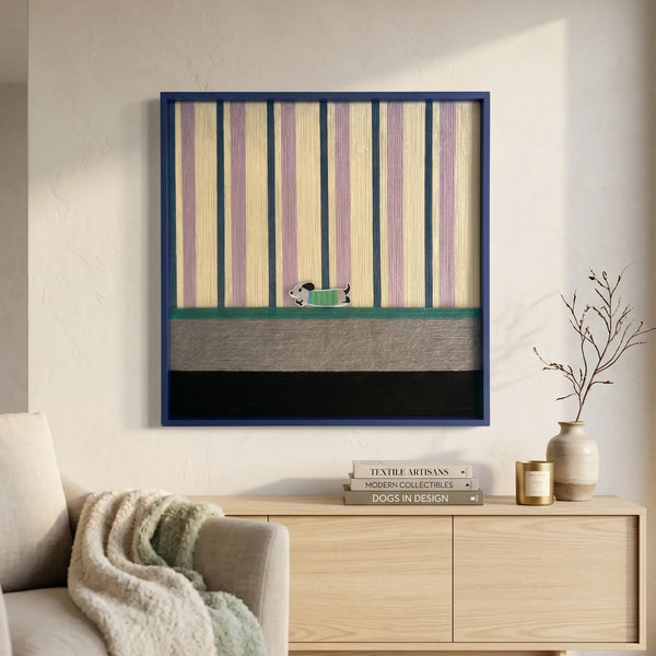 Cerulean Stripe Pup Frolic hand-woven textile art hanging above a light oak sideboard in a sunlit living space.