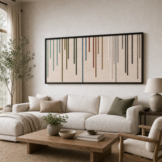Large framed Chromatic Rain hand-woven wall art hanging elegantly above a cozy white sofa and wooden coffee table in a modern, bright living room.