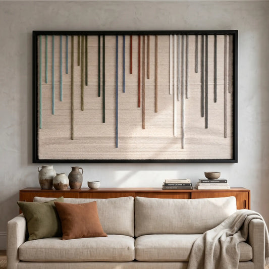 Framed Chromatic Rain hand-woven tapestry styled above a sleek wooden console table placed directly behind a cozy beige sofa with decorative pillows.