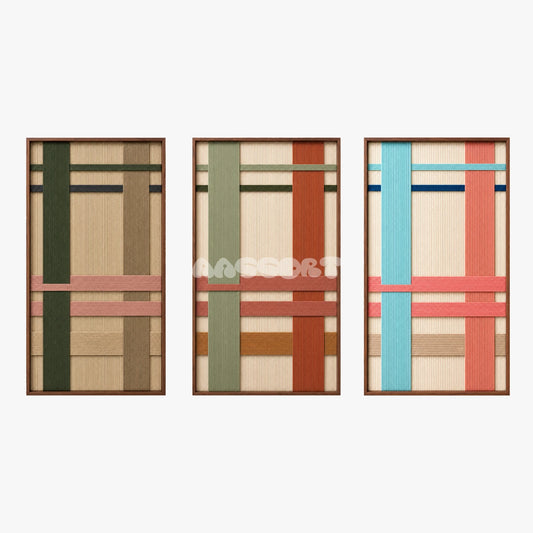 Front view of Chromatic Trio three-panel framed fiber wall art on a light studio background.