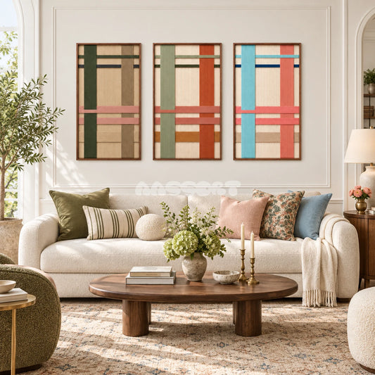 Chromatic Trio three-panel framed fiber wall art displayed above a cream sofa in a bright living room.
