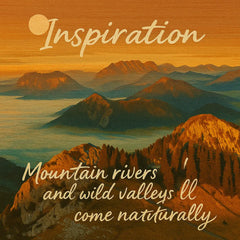 Inspiration graphic for Chuan featuring a riverside motif and the quote “Serenity flows within simplicity” to illustrate the artwork’s tranquil concept
