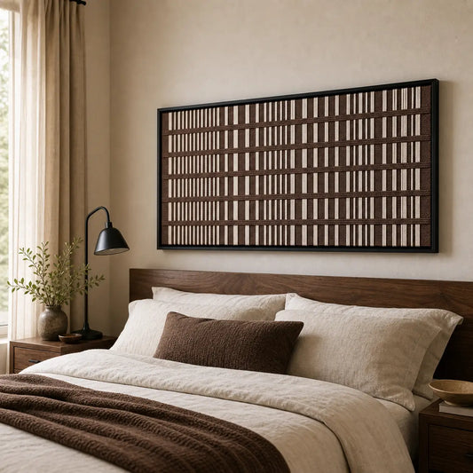 A beautiful framed hand-woven wool tapestry displayed gracefully above a styled bed with matching brown and cream accents in a cozy bedroom.