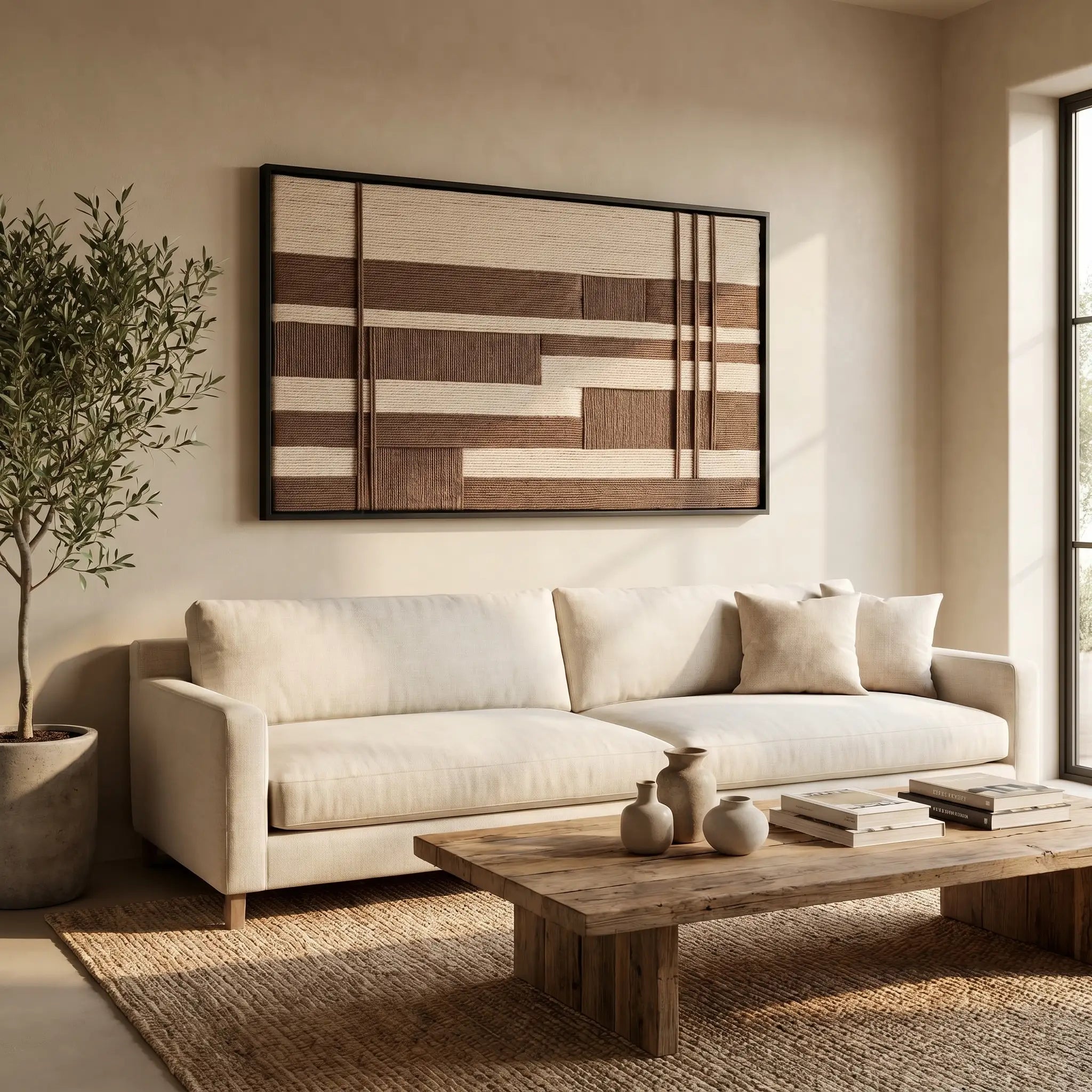 The Cocoa Grid geometric hand-woven wool tapestry provides a stunning focal point over a modern white sofa and wooden coffee table in a sunlit living space.