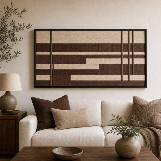 Large framed Cocoa Grid hand-woven wall art hanging elegantly above a cozy white sofa adorned with brown pillows in a warm living room.
