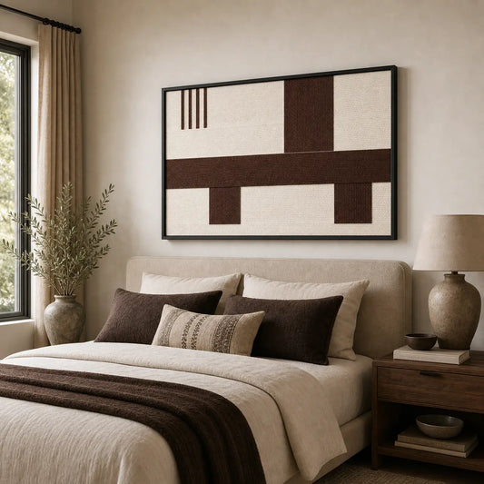 Large framed Cocoa Horizon wool tapestry hanging elegantly above a neatly styled bed with matching brown bedding in a cozy room.