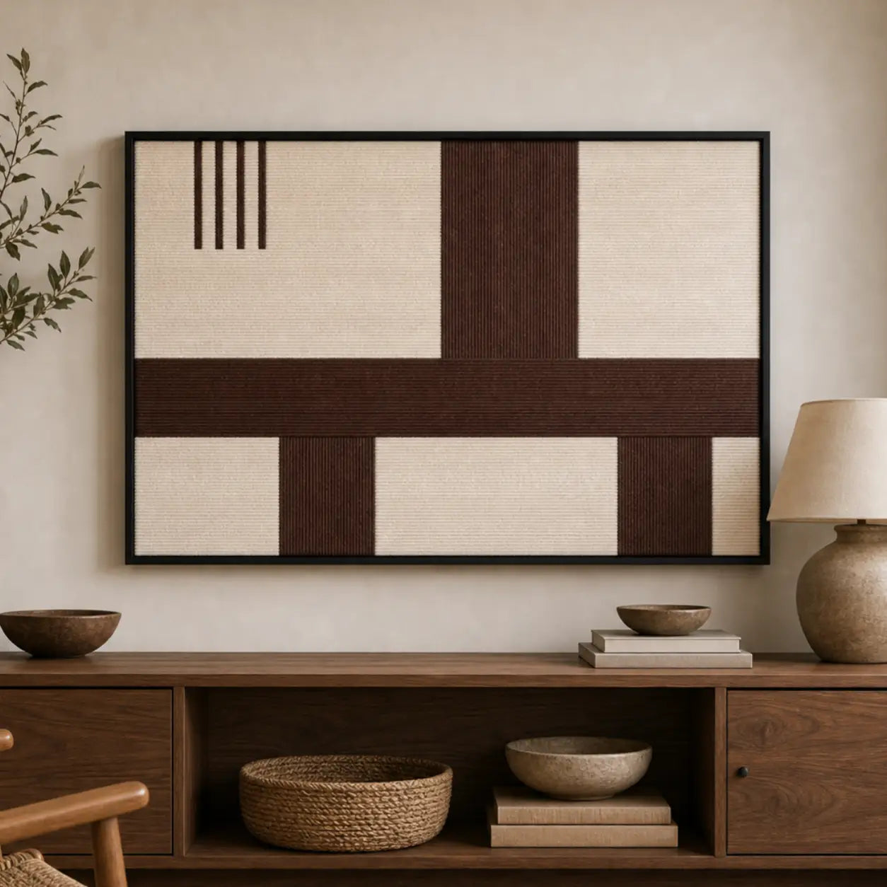 Framed Cocoa Horizon hand-woven wall art displayed above a dark wood console table in a serene living room setting.