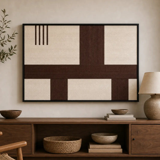 Framed Cocoa Horizon hand-woven wall art displayed above a dark wood console table in a serene living room setting.