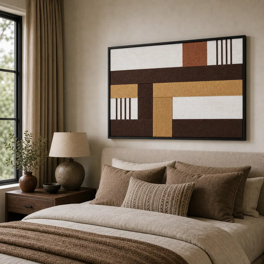 Large framed Cocoa Loom wool tapestry hanging elegantly above a neatly styled bed with matching brown and beige bedding in a cozy bedroom.