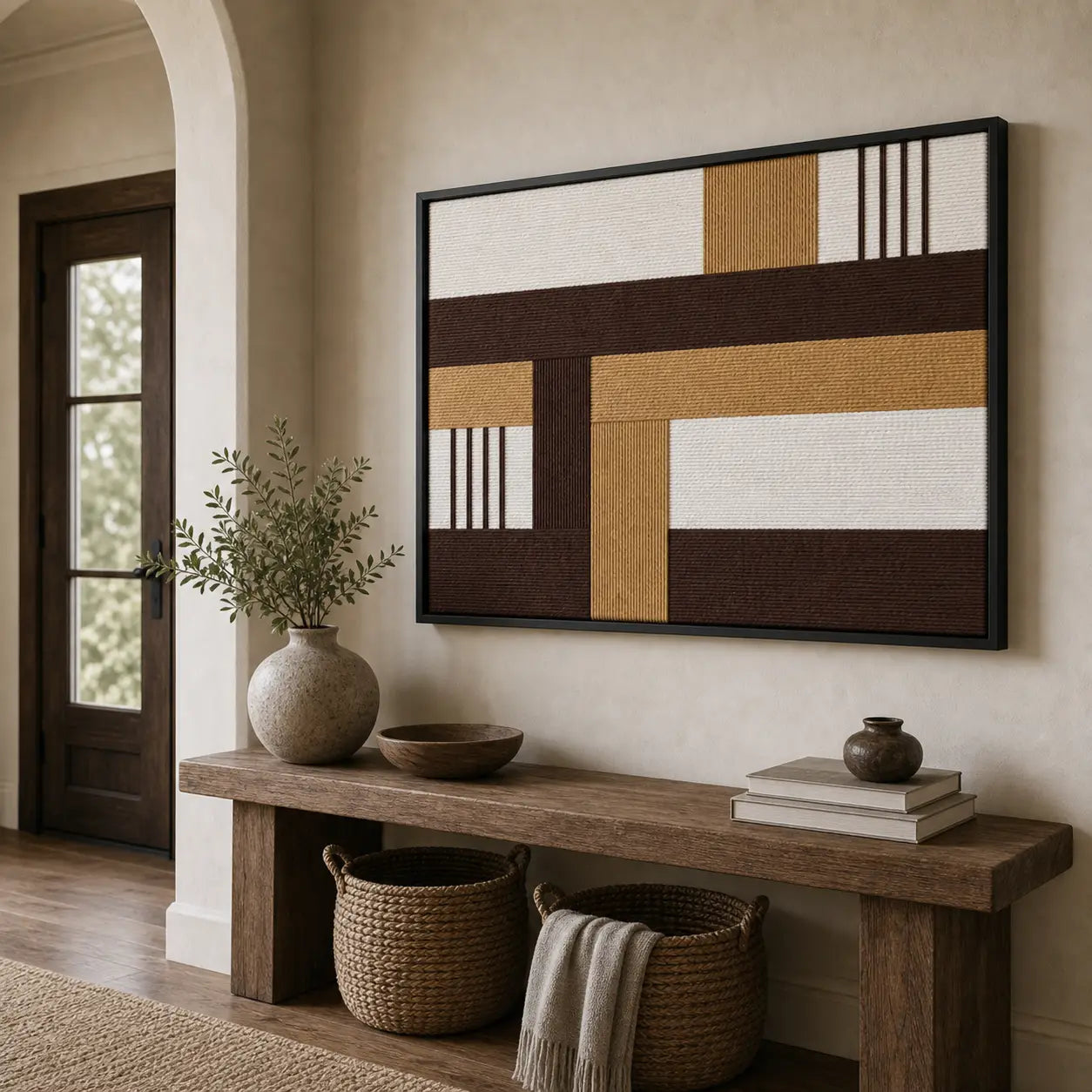 Striking Cocoa Loom framed wall art styled in a bright entryway hallway, hanging above a rustic wooden console table with woven baskets.