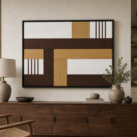Framed Cocoa Loom hand-woven wall art displayed above a dark wood console table in a serene, earthy-toned living room setting.