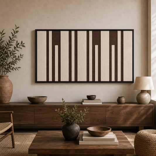Framed Cocoa Pillars hand-woven wall art displayed above a dark wood console table in a serene, earthy-toned living room.