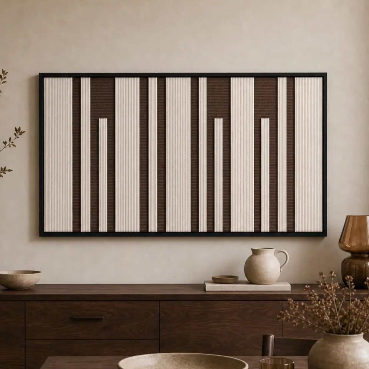 Earth-toned geometric hand-woven wool tapestry beautifully staged in a warm room, hanging over a rustic wooden sideboard.