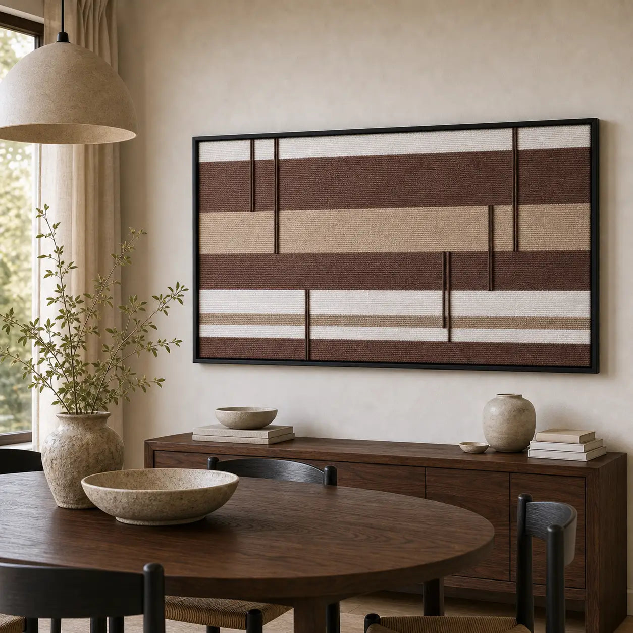 The Cocoa Strata framed wall art provides a stunning focal point over a wooden dining table and sideboard display.