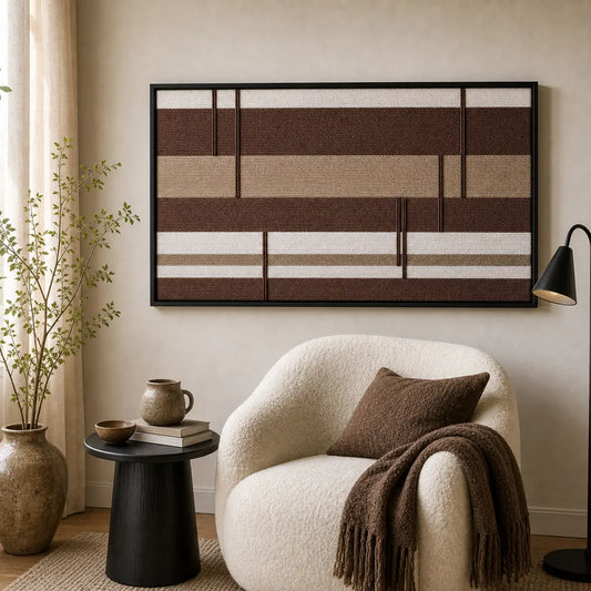 Earth-toned Cocoa Strata framed wall art styled in a cozy lounge nook next to a white armchair and side table.