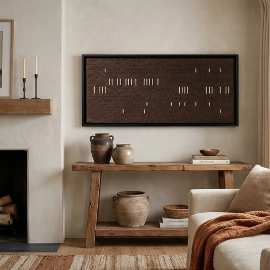 Framed Cocoa Whispers hand-woven wall art displayed gracefully above a rustic wooden console table in a cozy living room setting next to a fireplace.