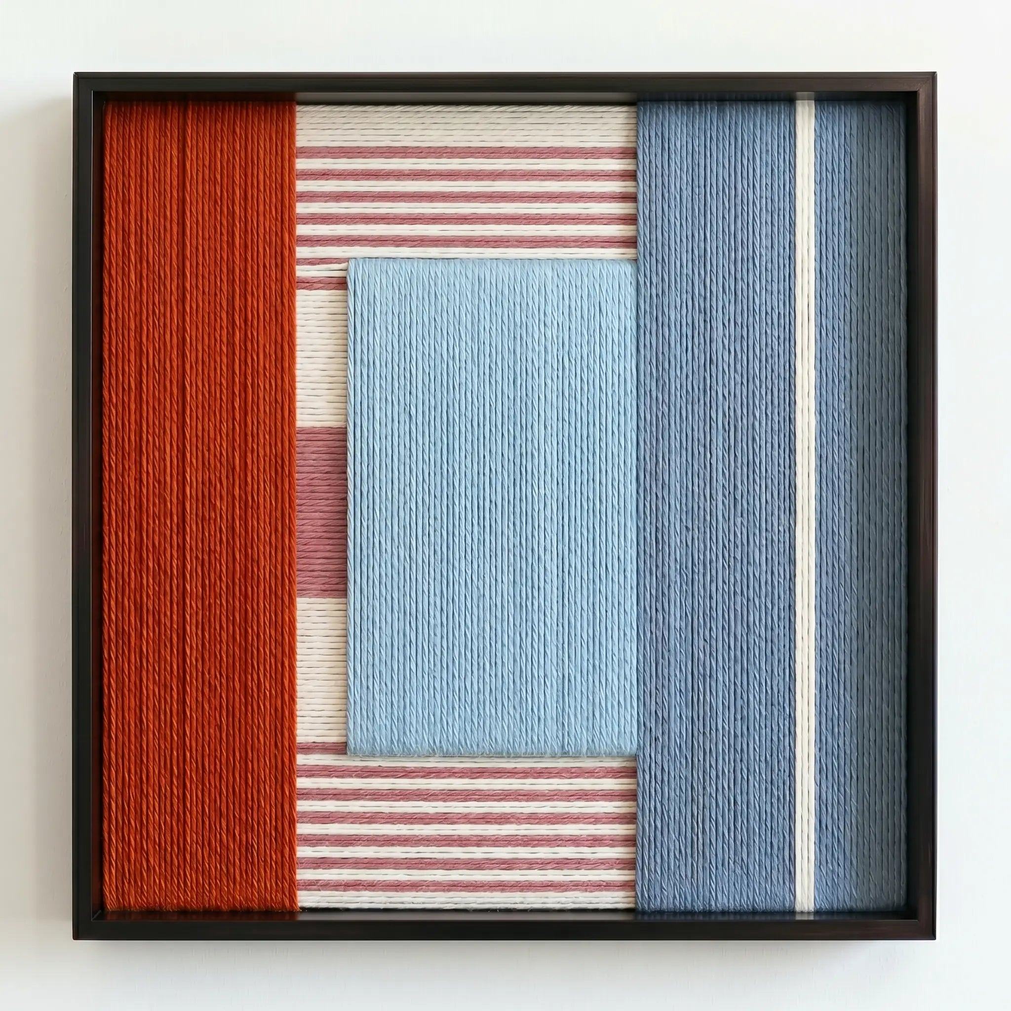 Frontal studio shot of the Cold Fire hand-woven wool wall art in a square black frame against a clean white background.