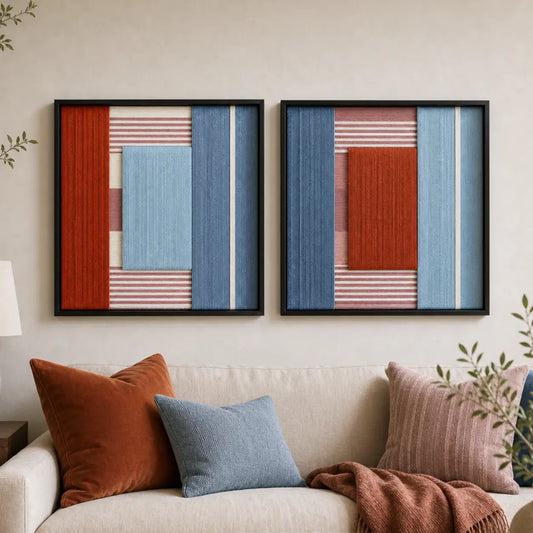 Cold Fire two-piece hand-woven textile wall art set featuring contrasting rust red and light blue geometric patterns, hanging above a beige sofa with coordinating pillows.