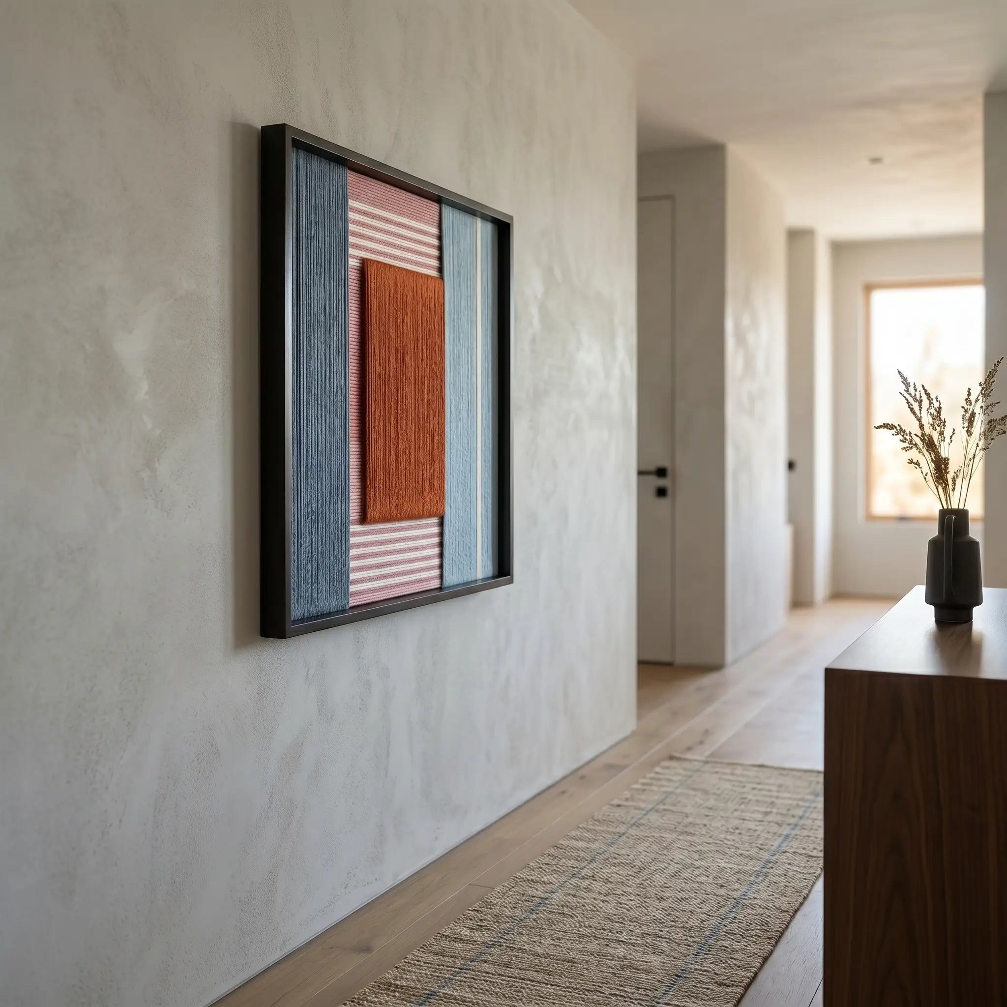 Vertical view of the red and blue textured fiber art hanging as a focal point in a minimalist modern hallway.
