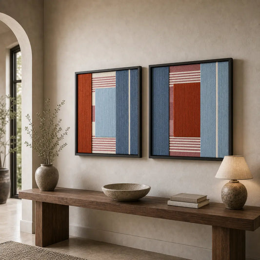 Large framed Cold Fire textile art diptych displayed above a dark wood console table in a modern, brightly lit hallway.
