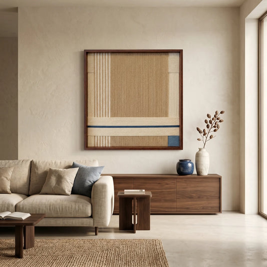Framed fiber art tapestry with a geometric woven design hanging in a bright living room next to a cream-colored sofa and wooden cabinet.