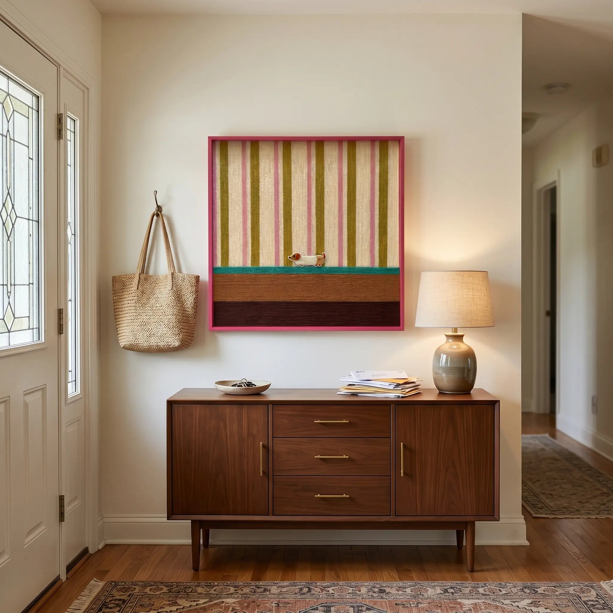 Coral Stripe Pup Wander hand-woven textile art hanging above a dark wood mid-century modern console in a home entryway.