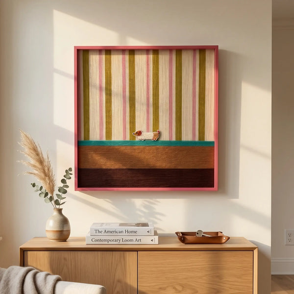 Large square Coral Stripe Pup Wander textile wall art featuring pink and yellow-green stripes, a brown color block, and a small dog detail, hanging above a light oak sideboard in a sunlit room.