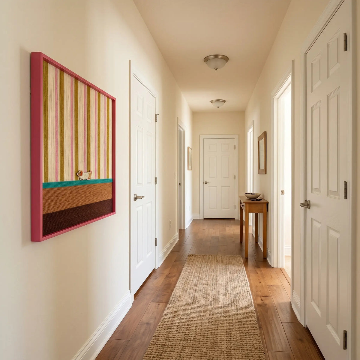 Angled perspective of the Coral Stripe Pup Wander textile wall art hanging on a white wall in a long, well-lit hallway corridor.