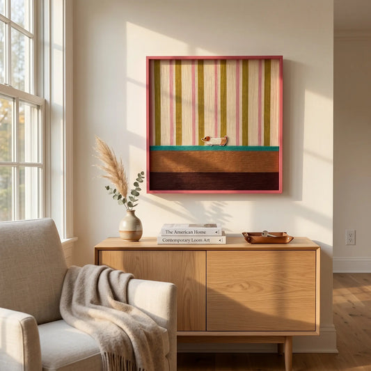 Framed striped textile wall art styled in a bright, sunlit reading nook above a wooden cabinet next to a window and beige armchair.