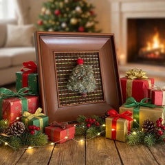 The woven wall art piece displayed in a warm living room setting with a fireplace and wrapped gifts, evoking traditional holiday cheer.