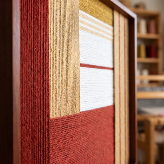 Angled close-up of the framed Crimson Daybreak hand-woven tapestry showcasing the wooden frame and dimensional red, yellow, and white geometric wool patterns.
