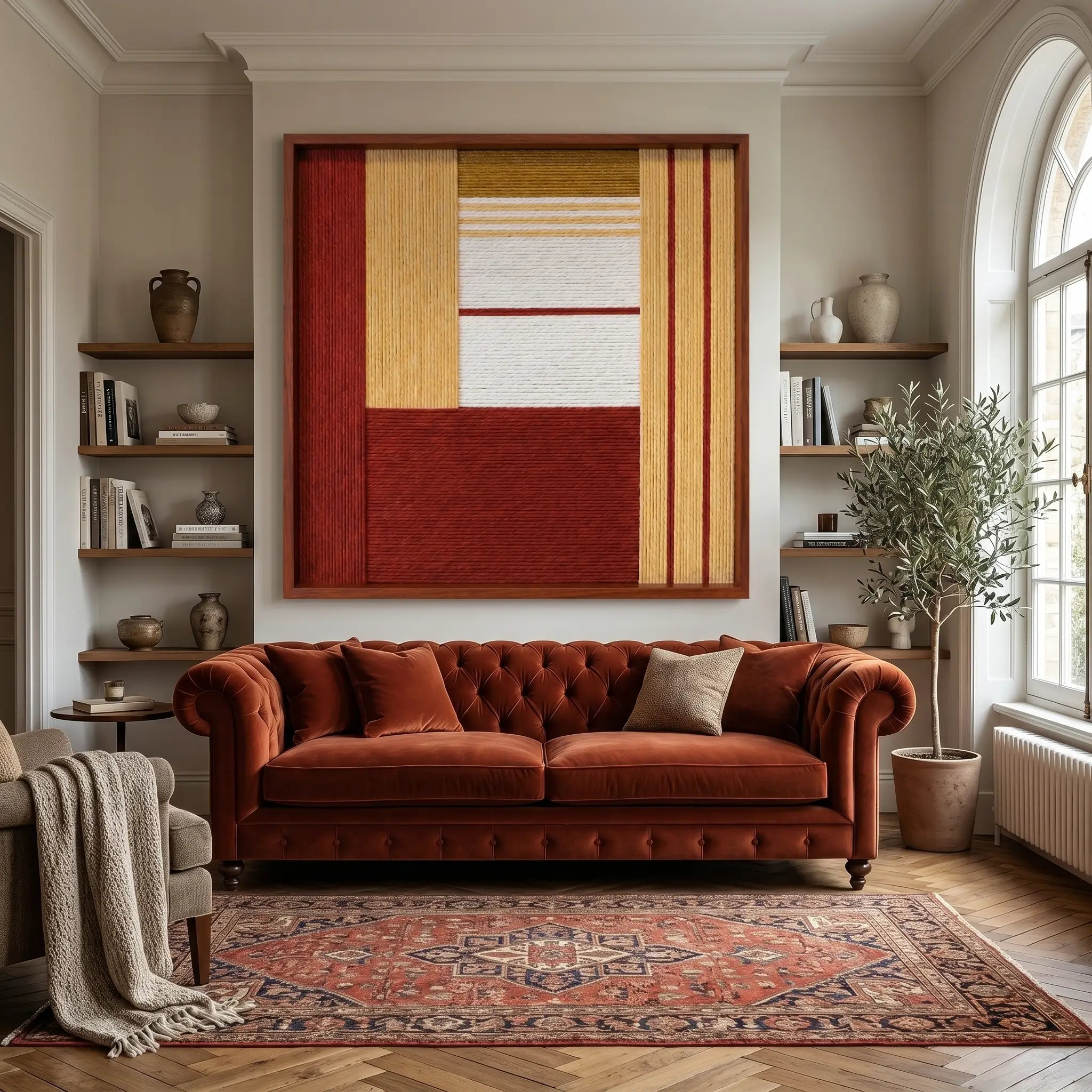 Beautiful framed hand-woven textile wall art styled elegantly in a cozy living room featuring a matching crimson red velvet sofa and a patterned area rug.