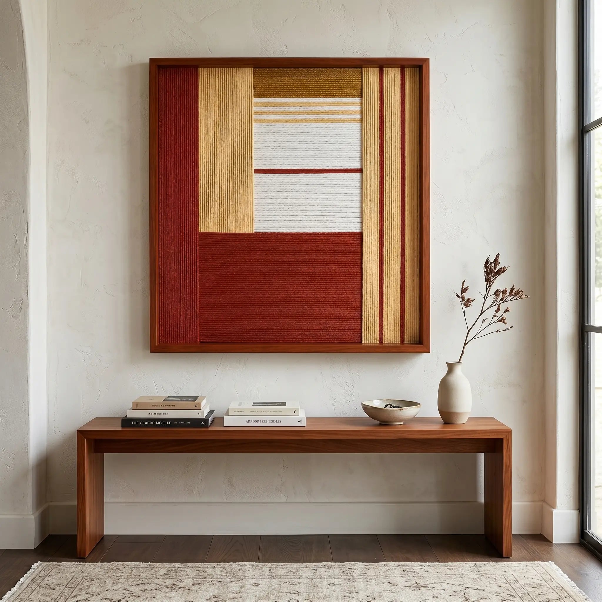 Striking square hand-woven wool tapestry positioned perfectly above a minimalist wooden bench in a bright, modern entryway or hallway.