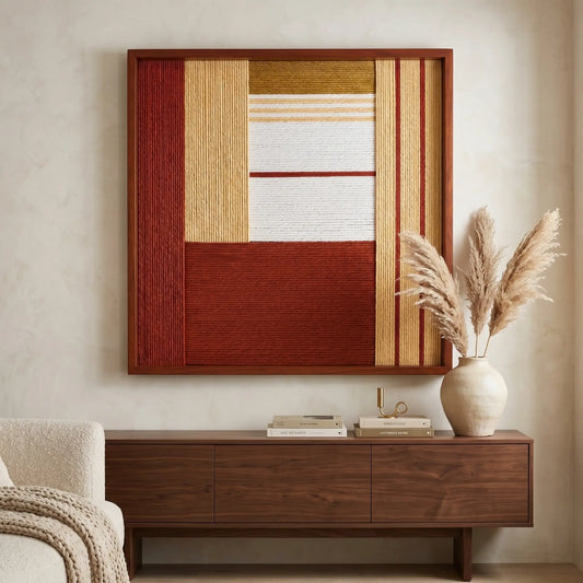 Large square Crimson Daybreak hand-woven wall art hanging elegantly above a mid-century wooden credenza adorned with dried pampas grass in a bright living room.