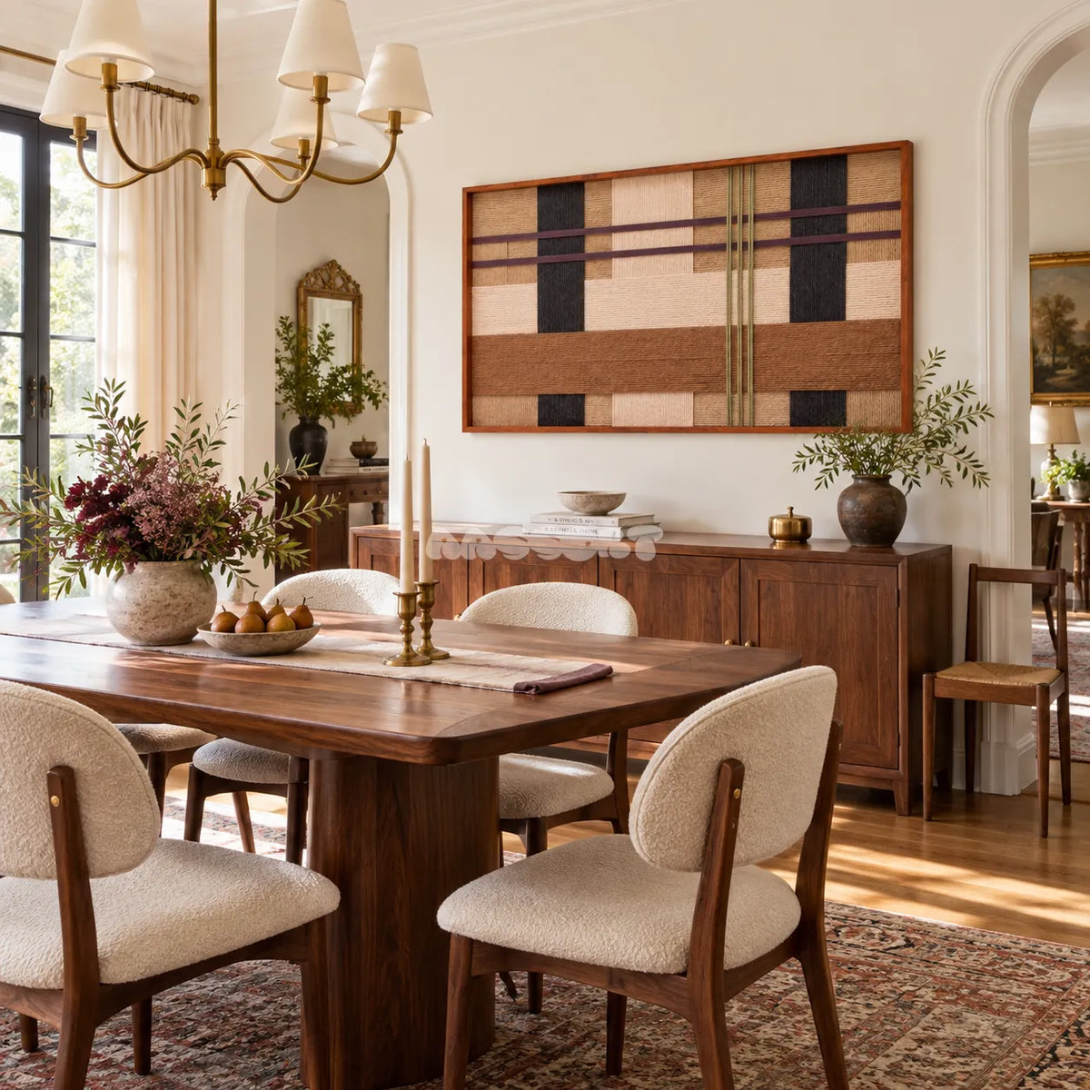 Desert Cadence RE093 framed fiber wall art above a sideboard in a sunlit dining room