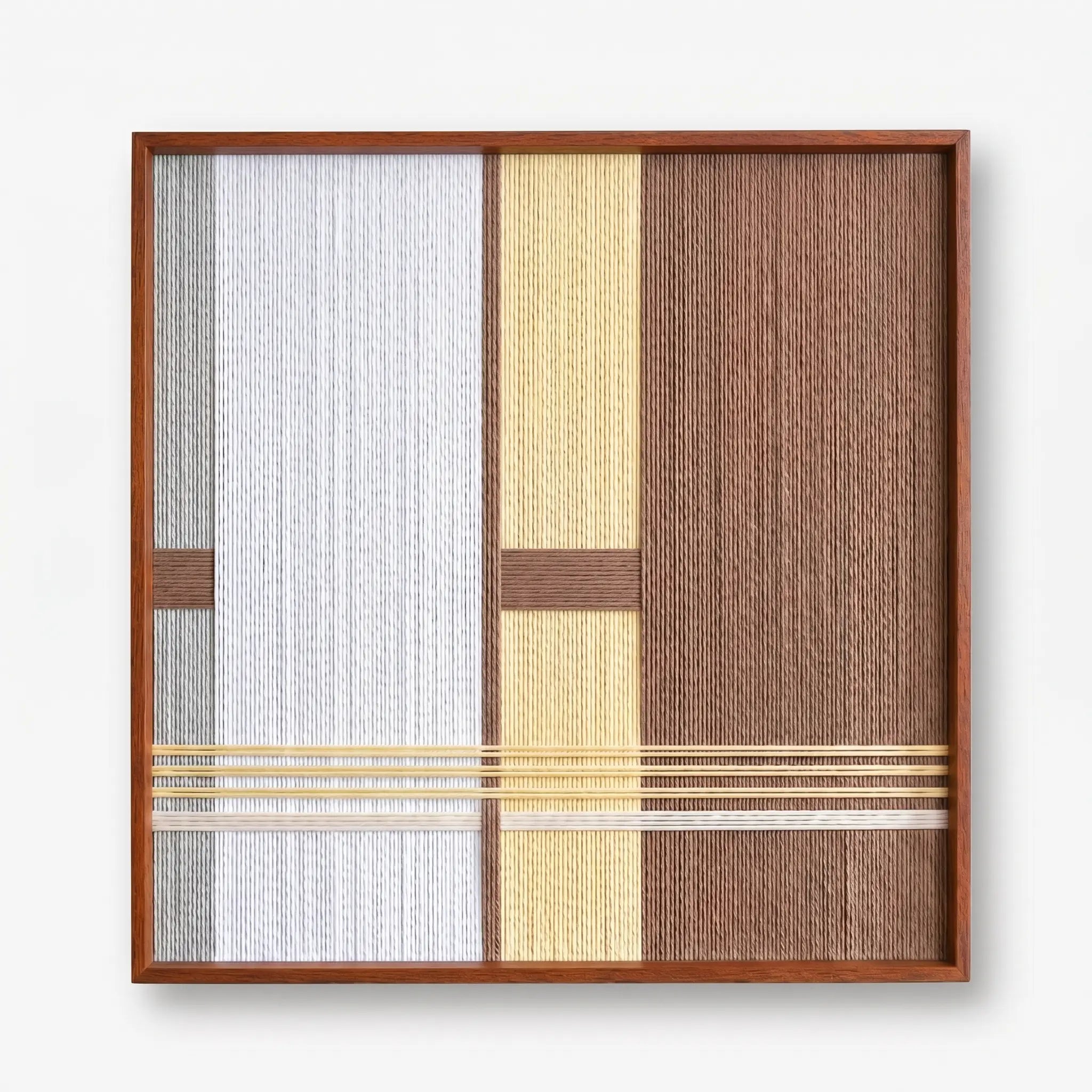 Direct front view of the Diluted Solitude hand-woven wool tapestry showcasing the intricate vertical weaving and horizontal gold metallic accents.