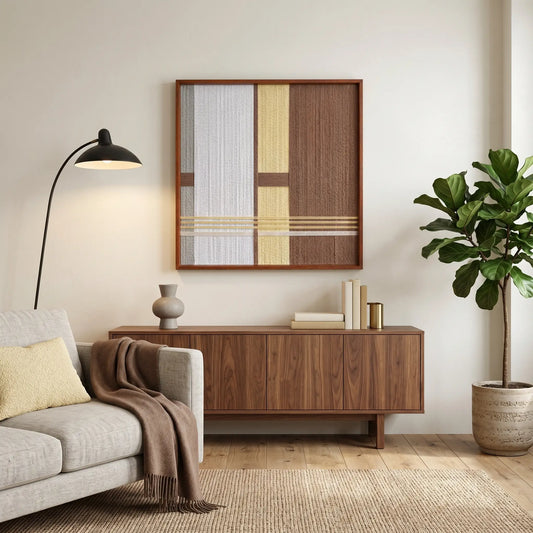 Hand-woven wool wall art with white, gold, and brown geometric blocks hanging above a walnut sideboard in a modern living room.