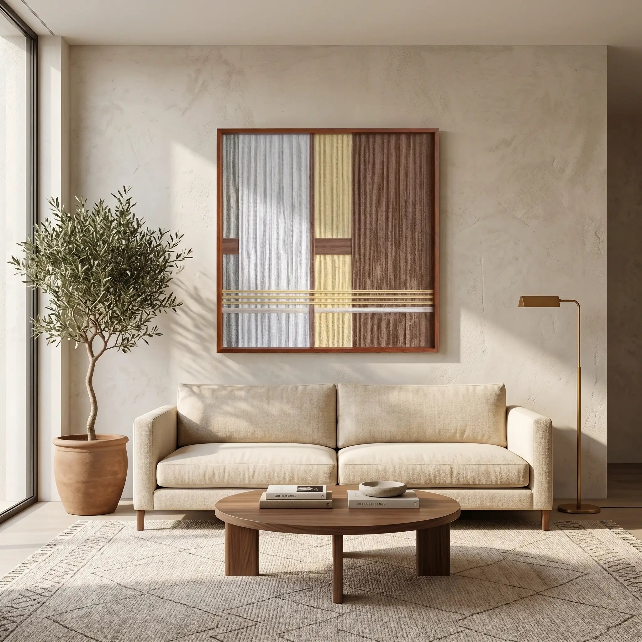 Framed fiber art tapestry with a minimalist color-block design displayed above a cream sofa in a bright, neutral-toned interior space.