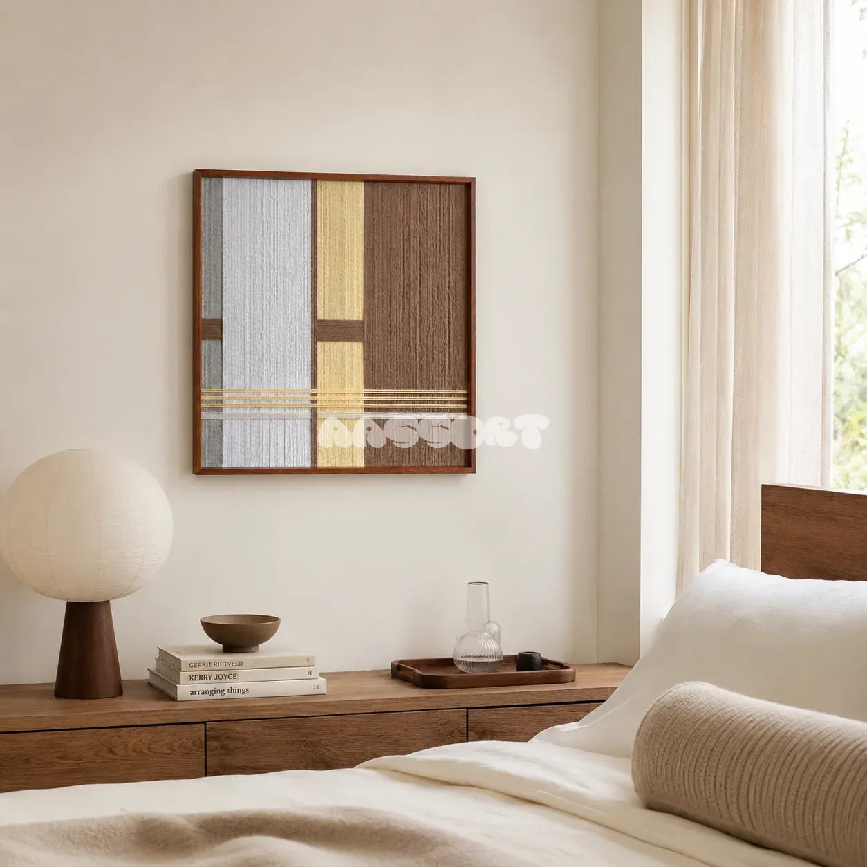 Diluted Solitude gray yellow and brown textile wall art styled above a low wood dresser in a bright neutral bedroom.